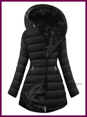 Women's Winter Fleece Warm Coat Windproof Slim Fit Long Hooded Jacket Pockets